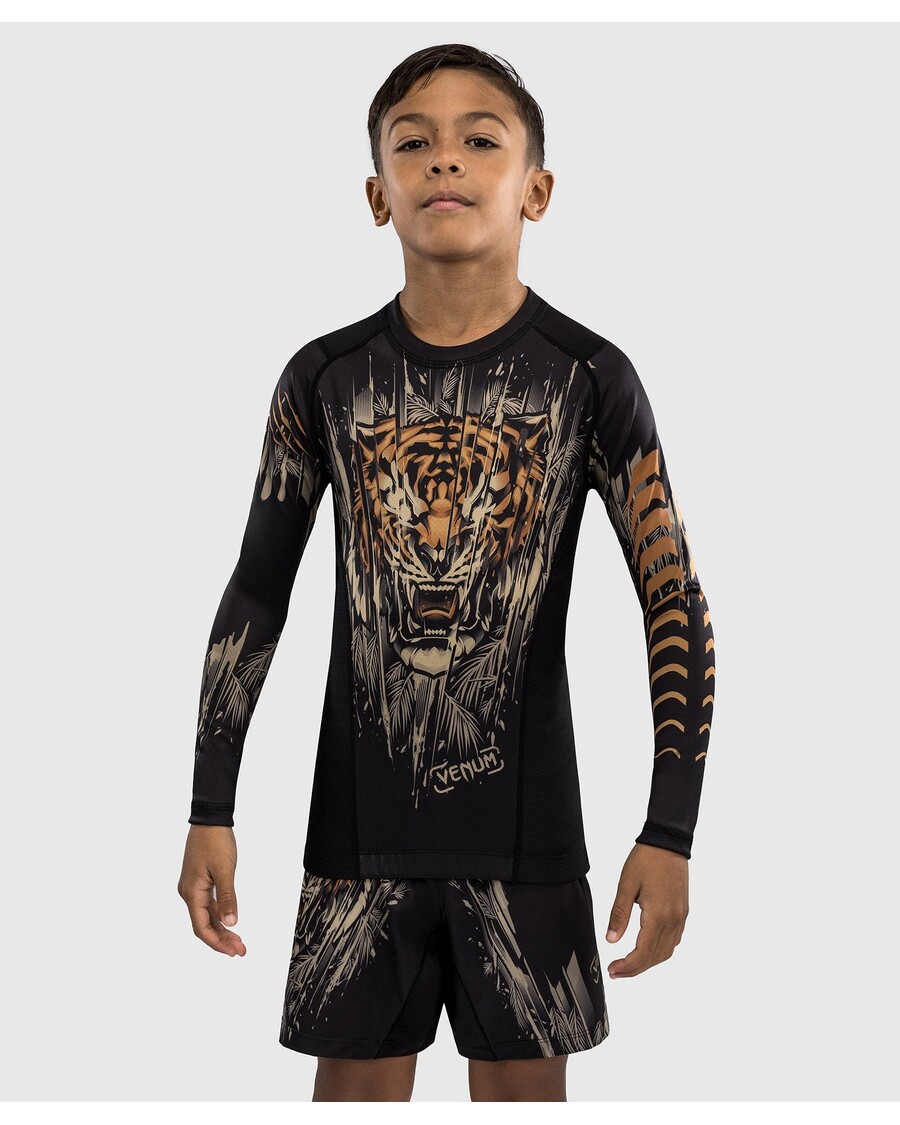 Pelindung Ruam Lengan Panjang Anak Venum Tiger - Hitam/neon Oranye