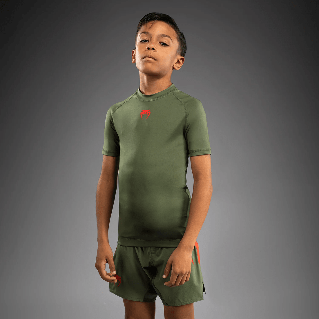 Venum Contender Copii Rashguards Mâneci Scurte - Verde Armată/portocalie