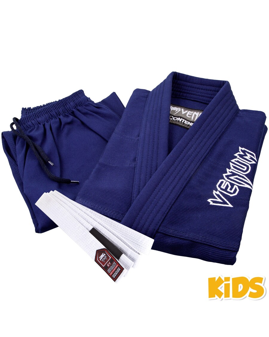 Venum Conender キッズ ブラジリアン柔術着 (無料の白いベルトが付属) - ネイビーブルー