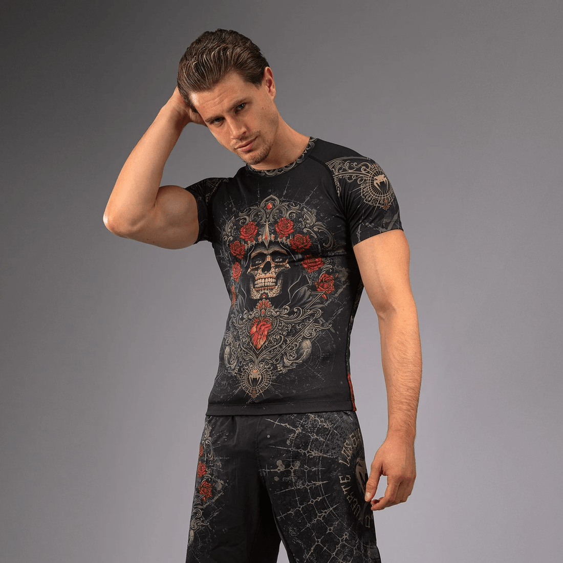 Venum Santa Muerte 5.0 Men’s Short Sleeve Rashguard - Deep Black/Gold