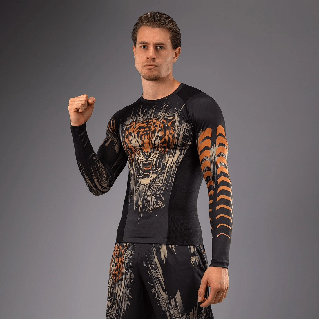 Venum Tiger Men's Long Sleeve Rashguard - Black/Neon Orange