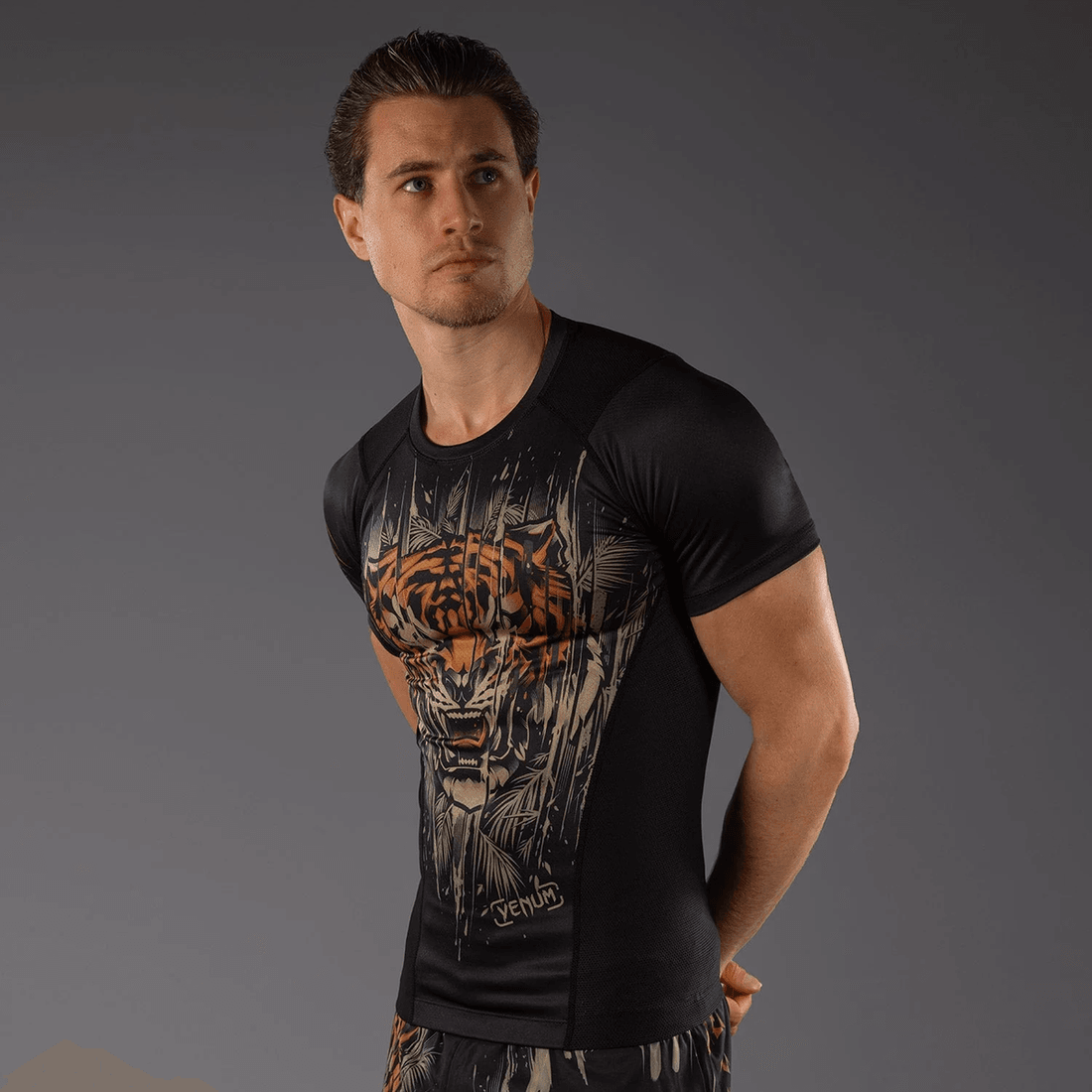 Venum Tiger Men's Short Sleeve Rashguard - Black/Neon Orange