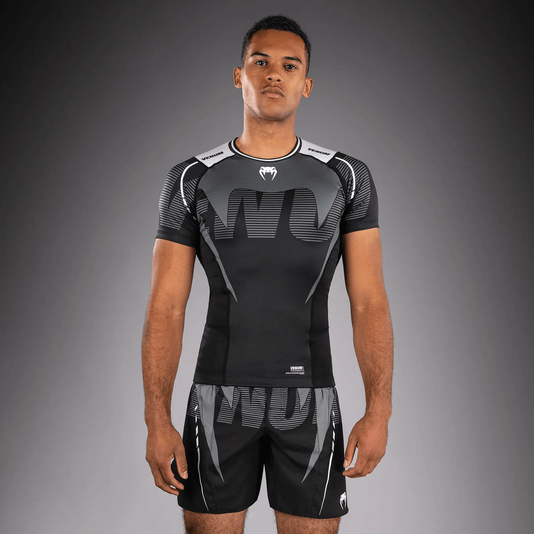 Venum Adrenaline Short Sleeve Rashguard - Black/Silver Grey